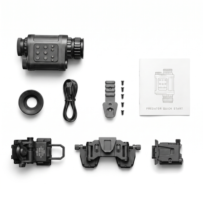 PREDATOR MOUNT KIT flat lay: unit, eyecup, USB-C cable, rail adapter, screws, quick start guide, G24 helmet mount, dual dovetail bridge, 90 degree flip to side QD mount