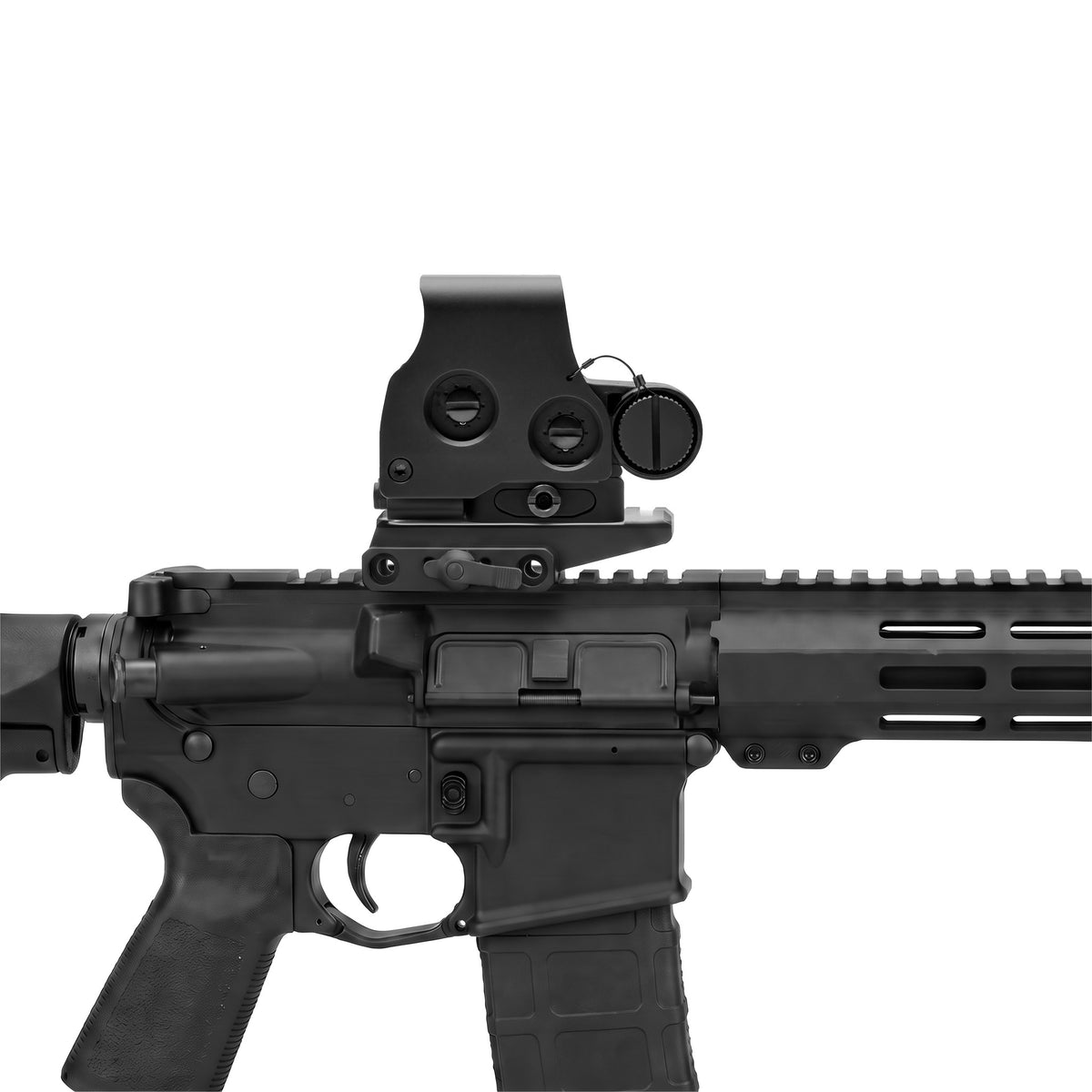 FAST Optic Riser & QD Lever in Black with a holographic sight on top at the 2.26 in centreline (sight not included)