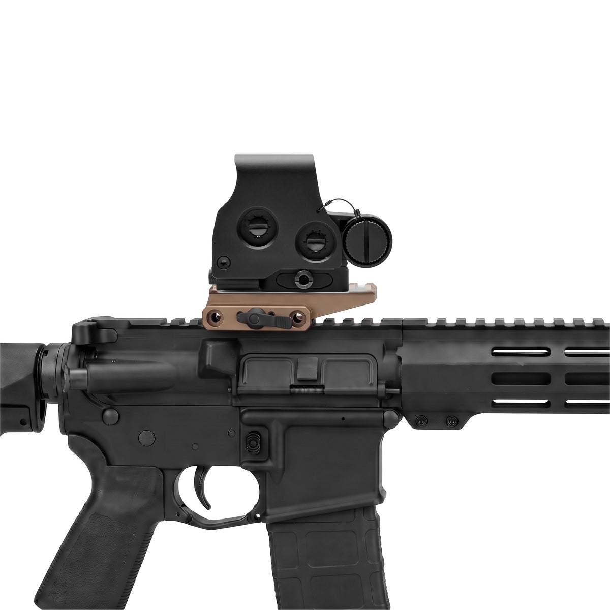 FAST Optic Riser & QD Lever in Tan with a holographic sight on top at the 2.26 in centreline (sight not included)