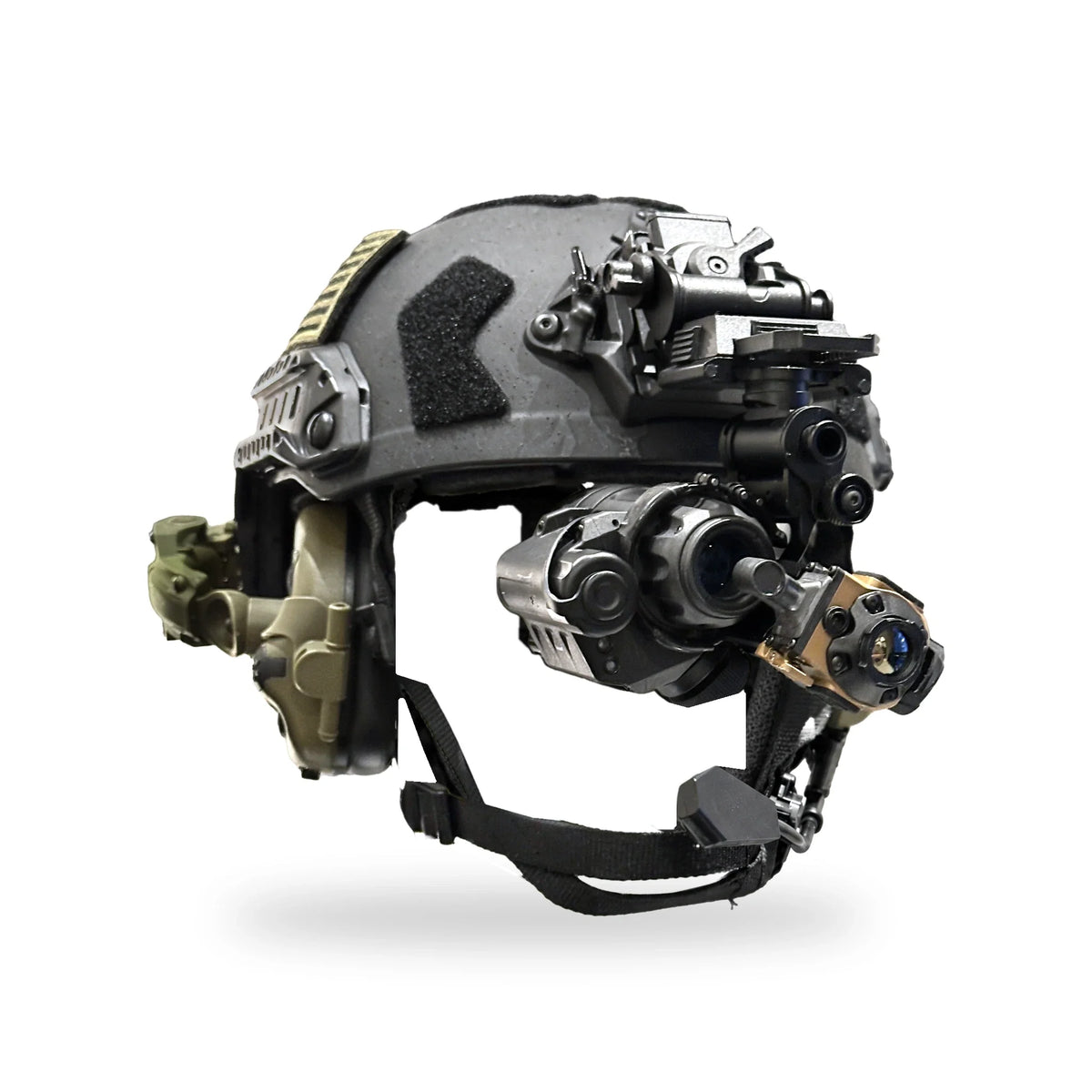 ADV-COTI clip-on thermal on a Night Operators PVS-14 PRO on an empty helmet, three quarter front view