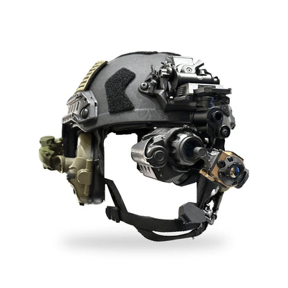 ADV-COTI clip-on thermal on a Night Operators PVS-14 PRO on an empty helmet, three quarter front view