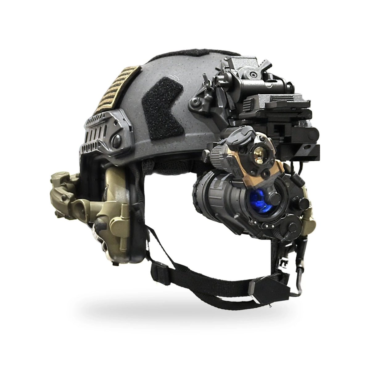 ADV-COTI clip-on thermal on a Night Operators PVS-14 standard on an empty helmet, three quarter front view