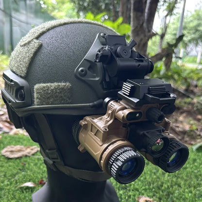 ELF-FB20 (DFB-31) thermal fusion binocular on its G24 helmet mount on a green bump helmet, real photo