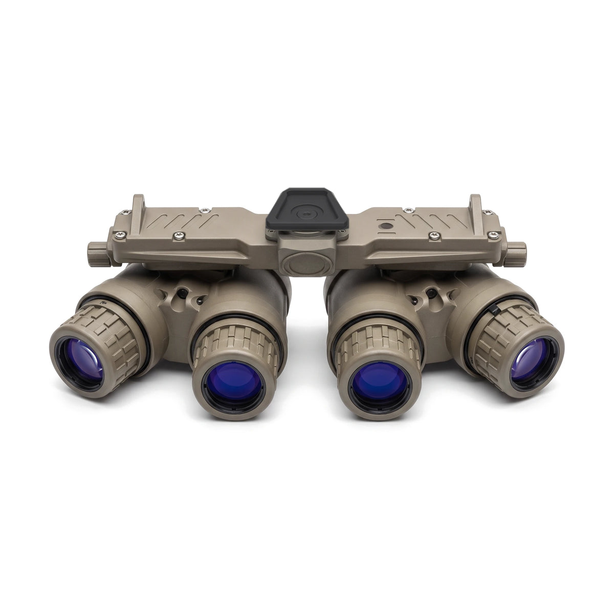 GPNVG-18 panoramic night vision goggle, Sand housing, straight front view of the four objective lenses
