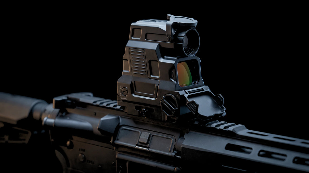 Night Operators HYBRID on the upper receiver of a black rifle, close up