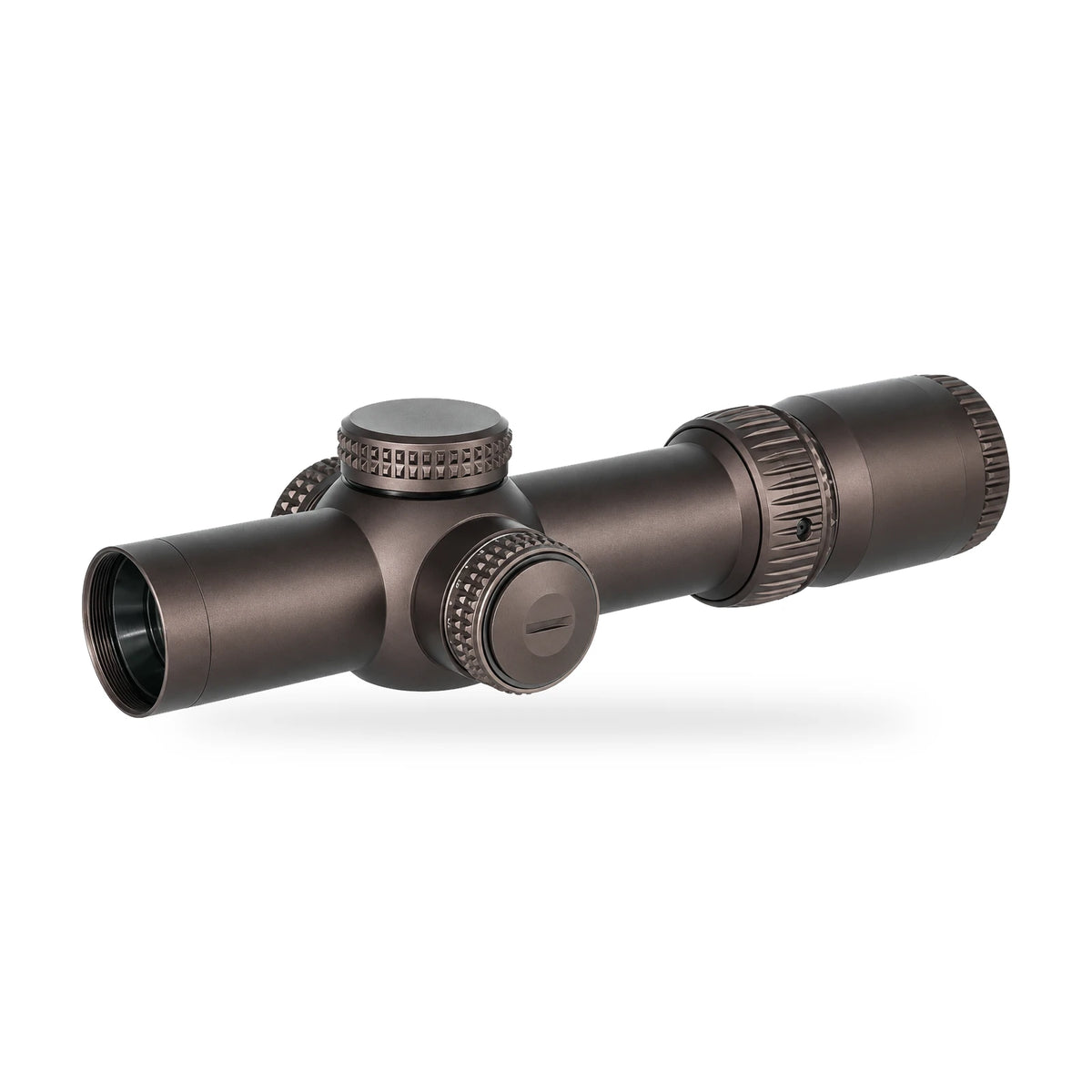 Night Operators RZ 1-10 LPVO riflescope, 1-10x24 first focal plane, brown, front three quarter view