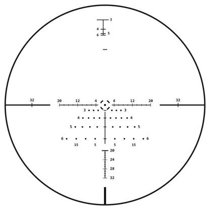RZ 1-10 MOA holdover reticle with four arcs and a centre dot, drawn from a photo through the real scope