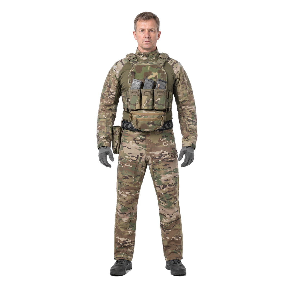 TALON Hardshell Pants in Multicam, worn with a Multicam kit, front view