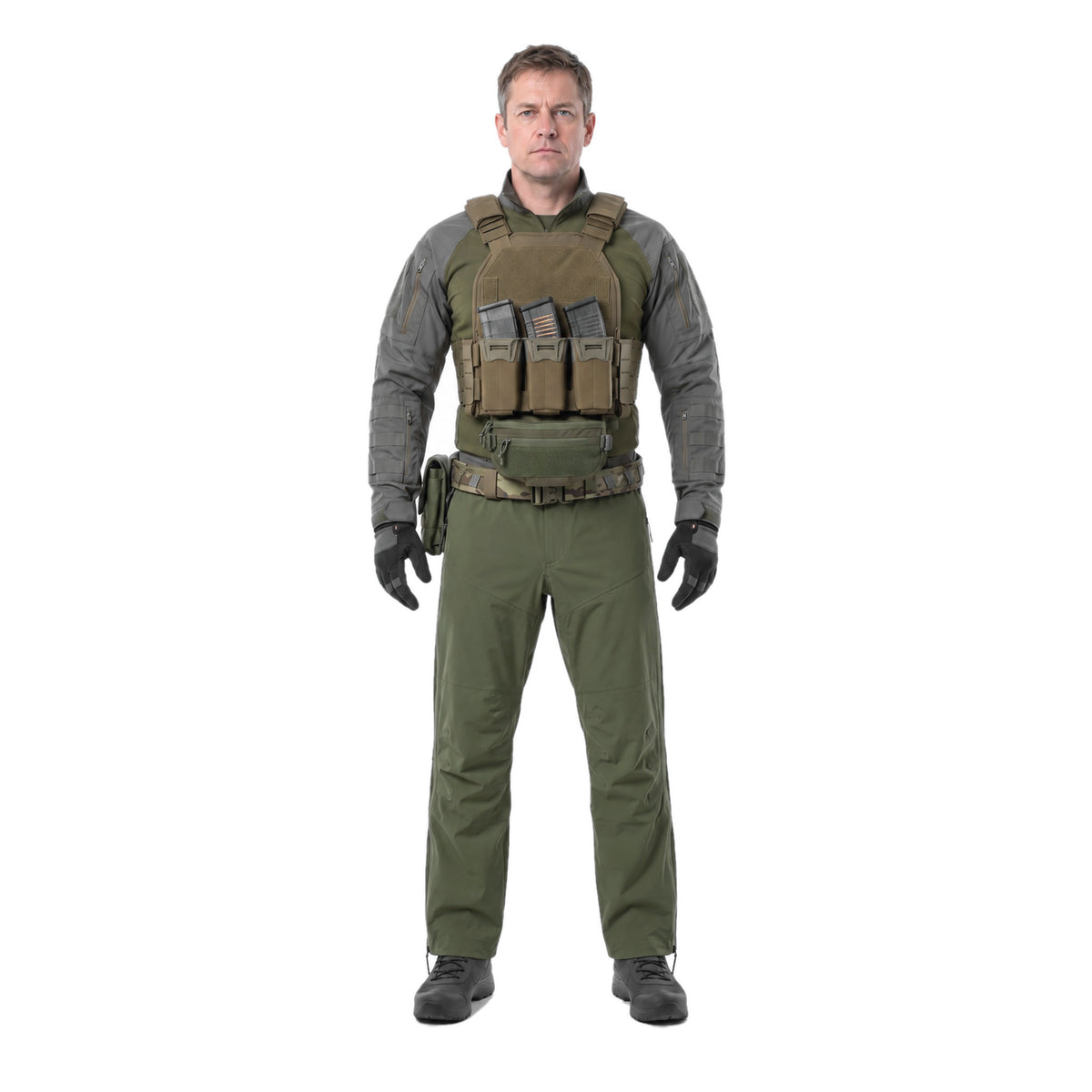 TALON Hardshell Pants in Ranger Green, worn with a Ranger Green kit, front view