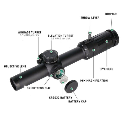 VD 1-6 LPVO parts: turrets, throw lever, diopter, battery